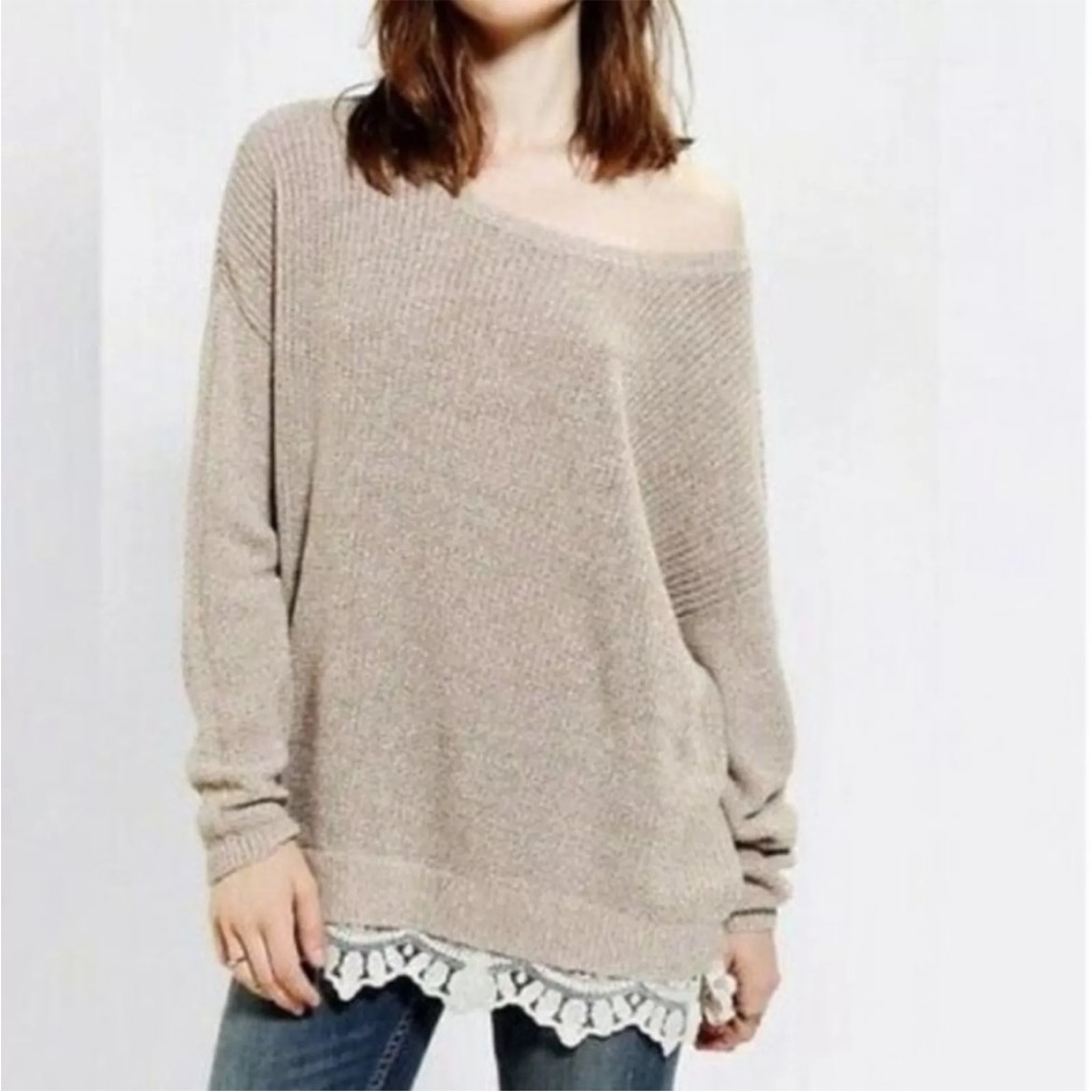 Pins and Needles UO Sweater Lace Trim Tan Size XS Oversized Boho Lagenlook